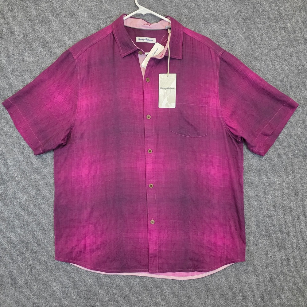 Tommy Bahama  Madera Ombre Silk  Shirt Mens Large Purple Short Sleeve 100% Silk